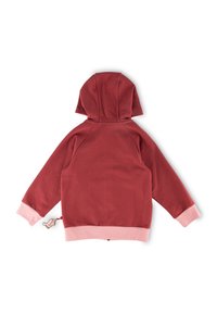 Rote Kapuzenjacke mit pinkem Saum und Bündchen, ausgestattet mit einem kleinen Anhänger. Weicher Stoff, Kapuzendesign und Raglanärmel. Rückansicht.