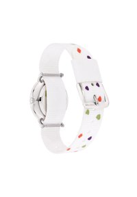 Weißes Stoffarmband mit mehrfarbigen Sprenkeln, Gehäuse aus silberfarbenem Metall und einer Metallschnalle. Hat eine glatte Textur und runde Form.