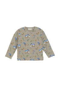 Langärmliges graues Shirt mit einem verspielten Muster aus blauen Baustellenfahrzeugen, Werkzeugen und Tieren, aus weichem, strukturiertem Material.