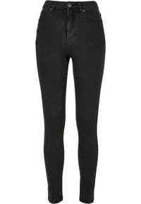 Jeans skinny de cintura alta en negro con una textura de denim suave, que cuentan con una cremallera frontal y cierre de botón, y diseño de cinco bolsillos.