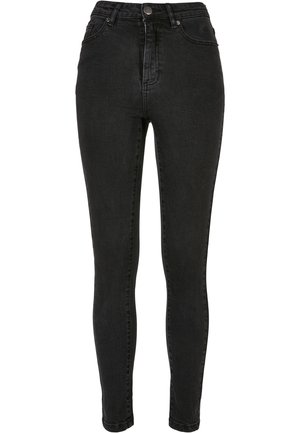 Jeans skinny de cintura alta en negro con una textura de denim suave, que cuentan con una cremallera frontal y cierre de botón, y diseño de cinco bolsillos.