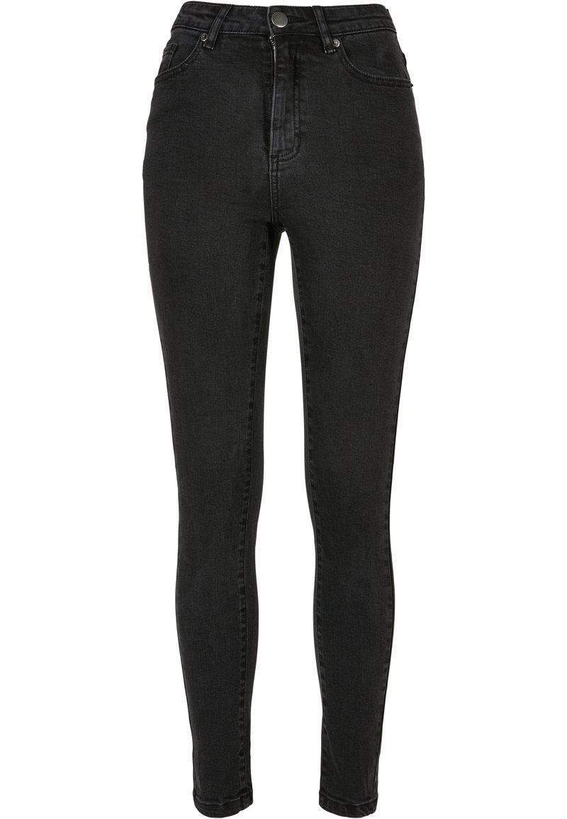 Jeans skinny de cintura alta en negro con una textura de denim suave, que cuentan con una cremallera frontal y cierre de botón, y diseño de cinco bolsillos.