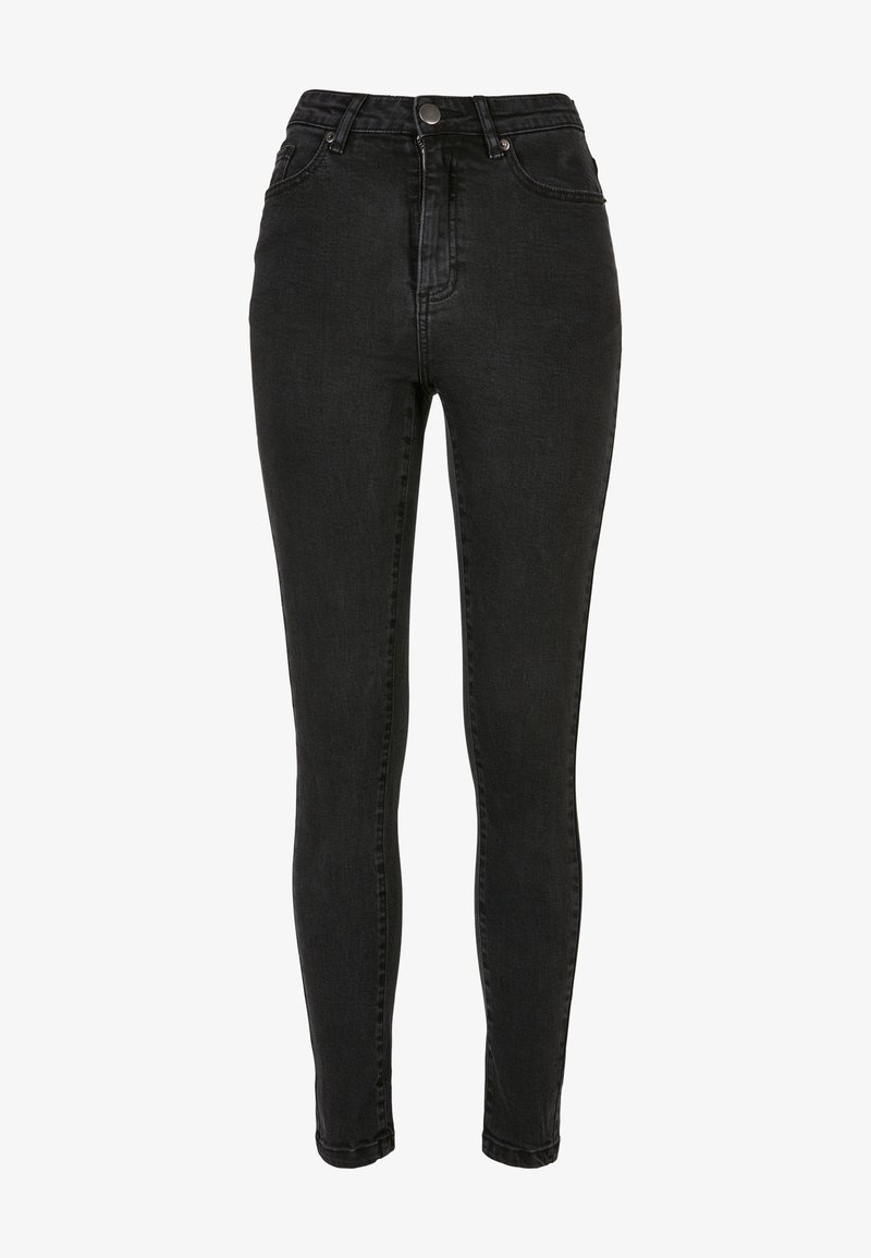 Jeans skinny de cintura alta en negro con una textura de denim suave, que cuentan con una cremallera frontal y cierre de botón, y diseño de cinco bolsillos.