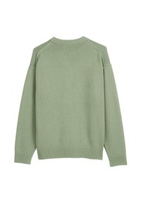 Pull vert clair avec un design en maille texturée, doté d'un col, de poignets et d'un ourlet côtelés, et de manches raglan pour une coupe décontractée.