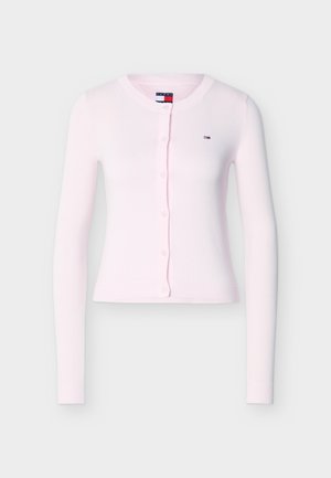 Cardigan a manica lunga da donna in maglia rosa chiaro con bottoni frontali e piccolo logo Tommy Hilfiger sul petto.