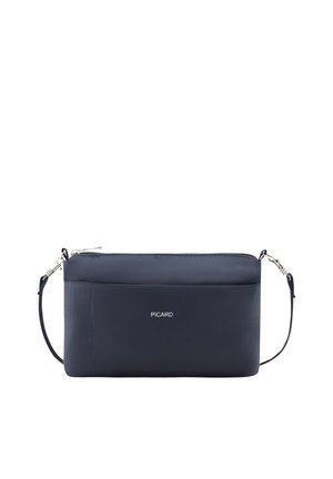 Marineblaue rechteckige Crossbody-Tasche mit Vordertasche, silbernem Reißverschluss, abnehmbarem Riemen und „PICARD“-Logo vorne.