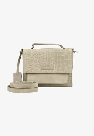 Beige crossbody taske med krokodillestribet klap, top håndtag og justerbar skulderrem, med Burkely mærke foran.