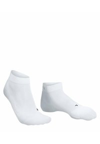 Calcetines blancos hasta el tobillo hechos de una tela transpirable. Cuentan con textura acanalada y pequeños logotipos en la punta y en la parte posterior.