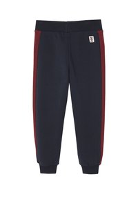 Marineblaue Jogginghosen mit bordeauxfarbenen Seitestreifen, elastischem Bund und gerippten Bündchen; aus einem weichen Baumwollmischgewebe.