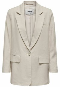 Blazer en lin beige clair avec un col à revers, fermeture à un bouton et deux poches avant. Dispose d'une coupe décontractée et de manches longues.