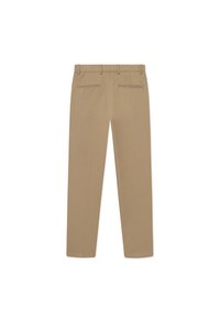 Khaki trousers with a smooth texture, slim fit, five-pocket design, belt loops, and a clean back with concealed zippers.