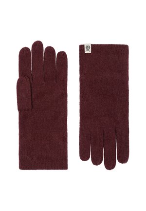 Burgunderfarbene Strickhandschuhe mit strukturiertem Design, separaten Fingern und einem Logo-Tag im Handgelenksbereich.