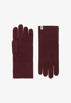 Burgunderfarbene Strickhandschuhe mit strukturiertem Design, separaten Fingern und einem Logo-Tag im Handgelenksbereich.