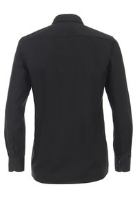 Zwarte langesleeve shirt met een klassieke kraag, beschikt over knoopmanchetten, een gladde textuur en een getailleerde pasvorm zonder zichtbare patronen.