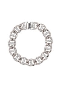 Stříbrný řetízkový náramek s proplétanými články a sekcemi s průhlednými rhinestones pro zvýšení detailu. Bezpečné zapínání na klips.