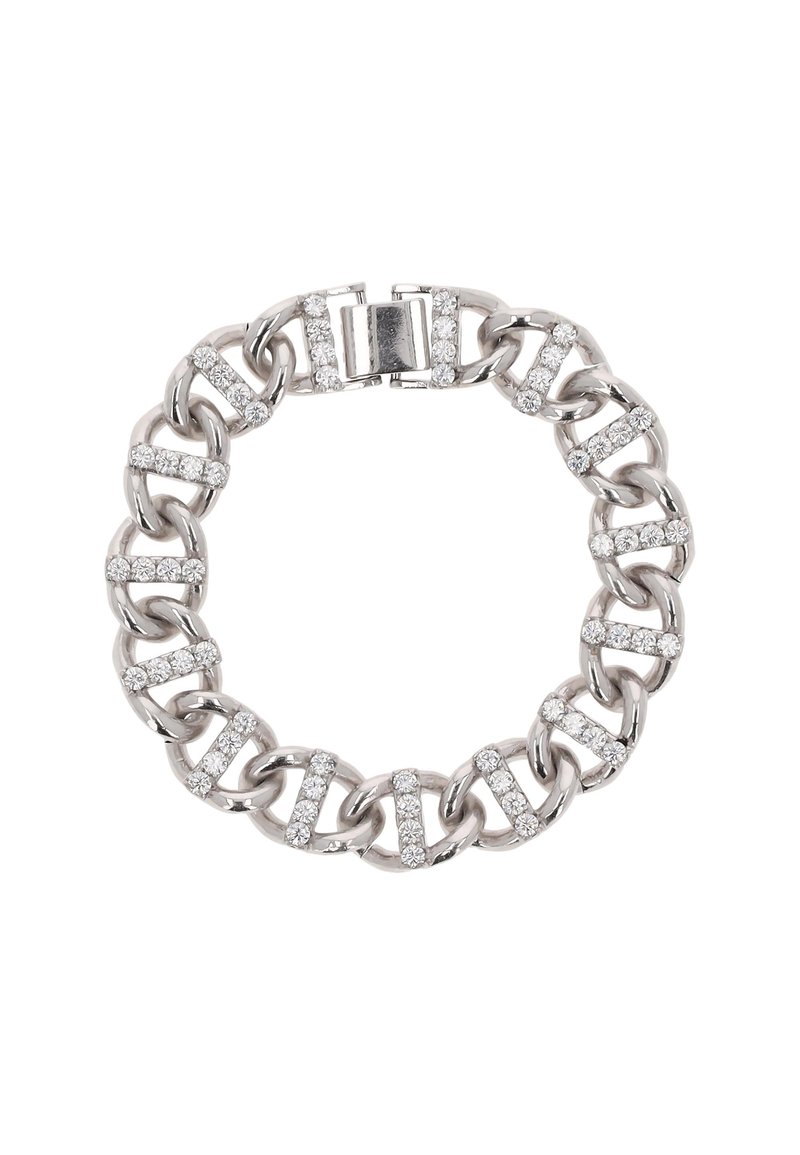 Stříbrný řetízkový náramek s proplétanými články a sekcemi s průhlednými rhinestones pro zvýšení detailu. Bezpečné zapínání na klips.