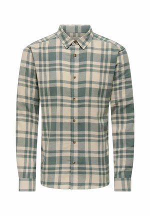 Chemise à carreaux verte et beige avec des manches longues, col boutonné et boutons marron. Tissu doux avec un motif à carreaux classique.