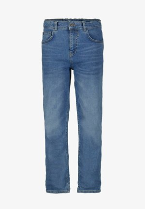 Blauwe denim jeans met een rechte pasvorm, voorzien van een klassieke tailleband, voorzakken en een lichte vervaging in de stofstructuur.