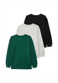 Drei langärmlige T-Shirts in grün, grau und schwarz. Jedes hat einen Rundhalsausschnitt, besteht aus weichem Baumwollmaterial und hat eine lockere Passform. Ideal zum Druntertragen.