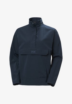 Navy blue, long-sleeve pullover jacket with high collar, front flap pocket, and Helly Hansen logo on pocket flap.