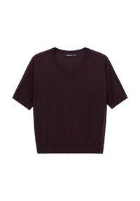 Krátky rukáv, sveter s výstrihom do "v" v hlbokej burgundskej farbe. Vyrobený z mäkkého pleteného materiálu s hladkým povrchom a rovným lemom. Jednoduchý dizajn bez vzorov.