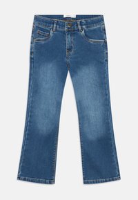 Blue denim jeans with a flared leg design, featuring a front button closure, five pockets, and visible stitching accents.