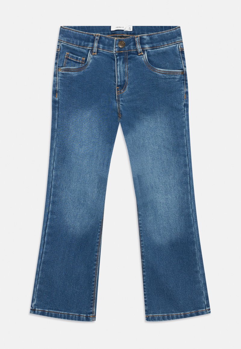 Blue denim jeans with a flared leg design, featuring a front button closure, five pockets, and visible stitching accents.