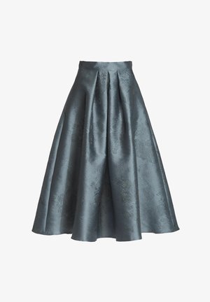 Une longue jupe plissée de couleur bleu sarcelle atténuée, réalisée dans un tissu brillant et texturé avec des motifs floraux. Conçue avec une ceinture ajustée.
