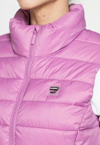 Gilet imbottito rosa con colletto alto, chiusura con zip e cuciture orizzontali. Presenta un'etichetta con il marchio sul lato sinistro frontale. Texture liscia.