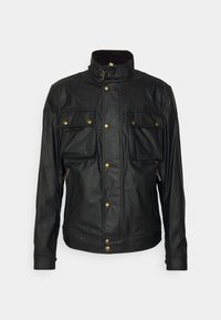 Černá kožená bunda s vysokým límcem, patentními knoflíky, dvěma náprsními kapsami a bočními kapsami na zip. Hladká textura s klasickým designem.