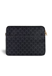 Schwarze Laptoptasche aus strukturiertem Material mit einem Diamantmuster und einem oberen Reißverschluss. Enthält eine Fronttasche mit Reißverschluss.