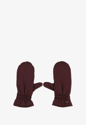 Moufles bordeaux avec un extérieur lisse, des poignets élastiques et une forme arrondie. Doublure intérieure douce, sans motifs ni accents visibles.