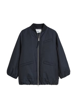 Navy bomber jacket with a zip front, ribbed collar, and elasticized cuffs. Features two front pockets and one chest pocket. Smooth, lightweight material.