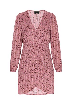 Pink wrap dress with long sleeves, featuring a floral pattern in darker shades. The fabric appears lightweight and textured, with a V-neckline.