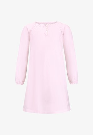 Hellrosa langärmliges Kleid mit gerafftem Ausschnitt und einer Blende mit sechs kleinen Knöpfen. Glatter Stoff mit dezenter Textur.