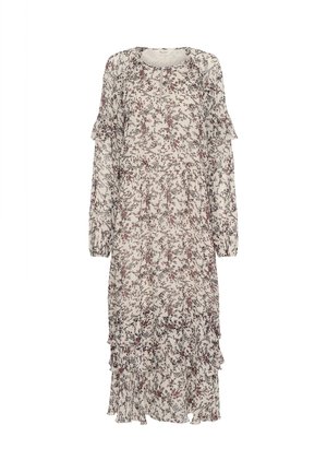 Luftiges, langärmliges Kleid mit floralem Muster in Cremetönen, Rosa und Grün, das über Rüschensäume und einen gestuften Saum verfügt.