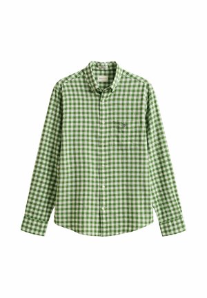 Overhemd met lange mouwen, groene en witte geruite patroon en een borstzak.