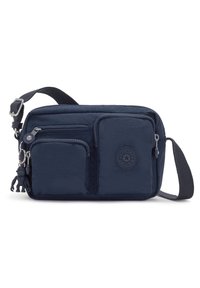 Borsa a tracolla blu navy in tessuto nylon, con due tasche con zip, toppa con logo in gomma e tracolla regolabile. Presenta un piccolo accessorio portachiavi.