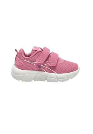 Scarpa da ginnastica per bambini di colore rosa chiaro con suola spessa bianca, tessuto a rete, due cinturini in velcro e un piccolo logo scuro sul lato.