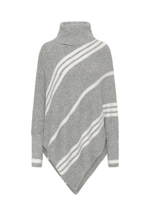 Poncho grigio con colletto alto, caratterizzato da strisce bianche diagonali. Realizzato in un materiale morbido e texturizzato con una forma triangolare distintiva.