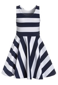 Šaty bez rukávů s námořnickými a bílými horizontálními pruhy, úzký korzet, rozšířená sukně, vyrobené z měkké bavlněné tkaniny, hladká textura.