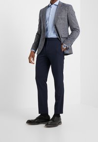 Grijze geruite blazer met revers, over een lichtblauw shirt, marineblauwe broek en zwarte nette schoenen. Heeft een zilveren horloge om de pols.