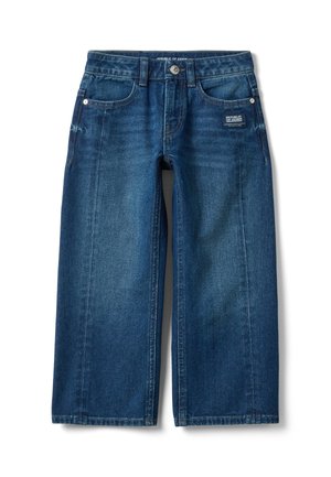 Vaqueros denim azules de pierna ancha con bolsillos delanteros, trabillas para cinturón, cierre de botones y un pequeño parche "Republic of Denim" en el bolsillo delantero derecho.