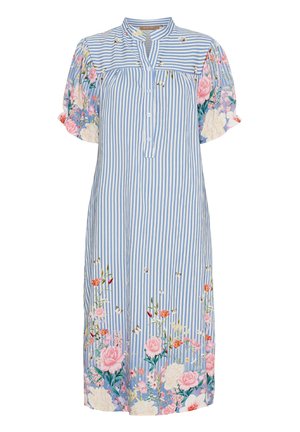 Blå og hvid stribet kjole med korte blomster-puffærmer, knaplukning ved halsen og blomsterbroderi ved kanten. Letvægtsstof.