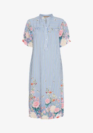 Blå og hvid stribet kjole med korte blomster-puffærmer, knaplukning ved halsen og blomsterbroderi ved kanten. Letvægtsstof.