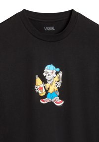 Black cotton t-shirt featuring a colorful graphic of a skeleton wearing a yellow shirt, blue pants, and holding a drink.