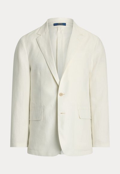 Pánsky krémový blejzer s výrezom na plieškach, dvoma prednými vreckami s chlopňou, zapínaním na jedno gombík a štítkom Polo Ralph Lauren vo vnútri goliera.