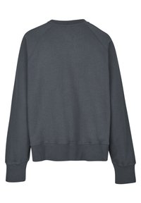 Felpa grigio scuro con collo a giro, maniche lunghe raglan, polsini a costine e orlo con una texture semplice e liscia.