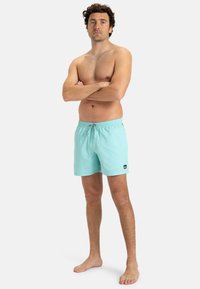 Shorts de bain bleu clair avec une taille élastique et un cordon de serrage, dotés d'un petit patch logo sur le côté. Tissu lisse et léger.