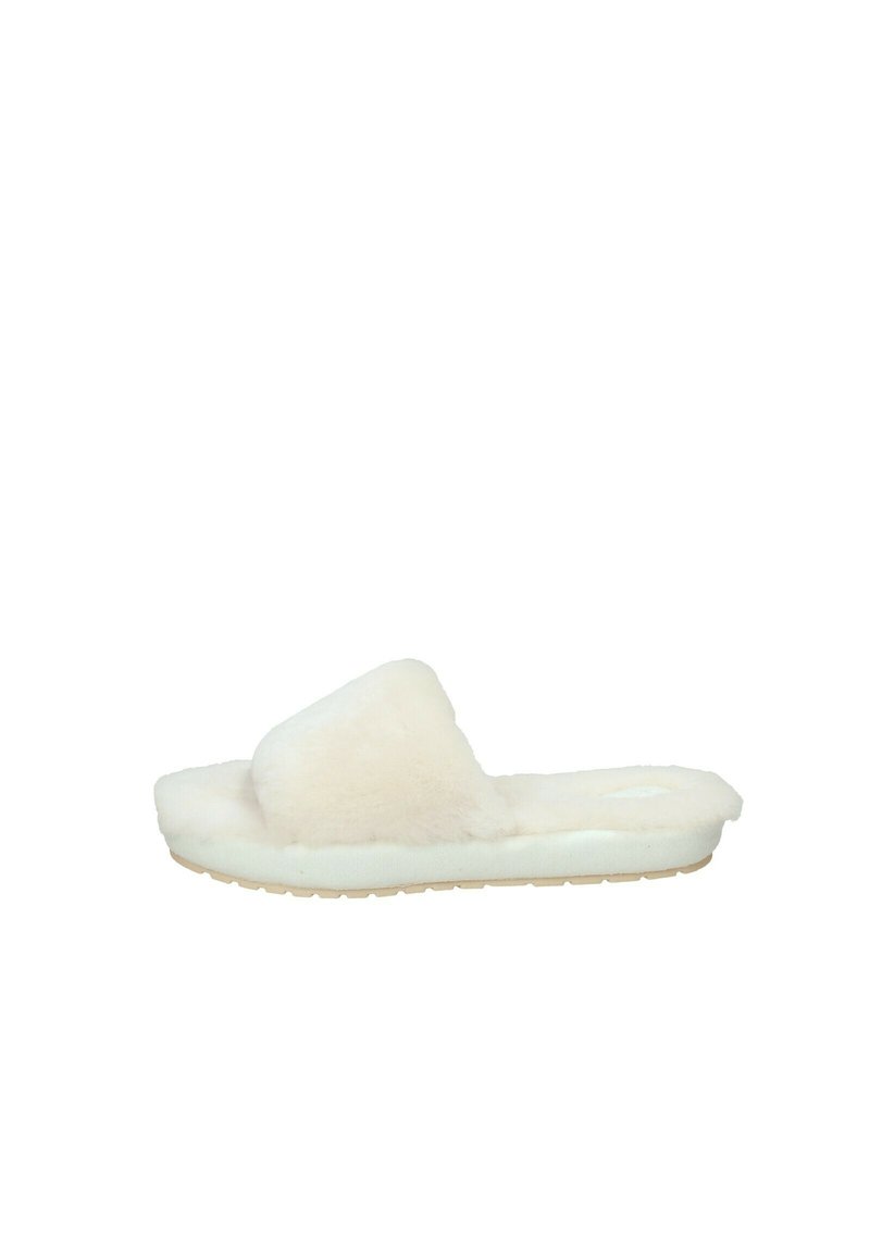 Pantofole in finta pelliccia di colore bianco sporco, con una larga cintura superiore, una soletta imbottita e una suola in gomma testurizzata per una maggiore aderenza.
